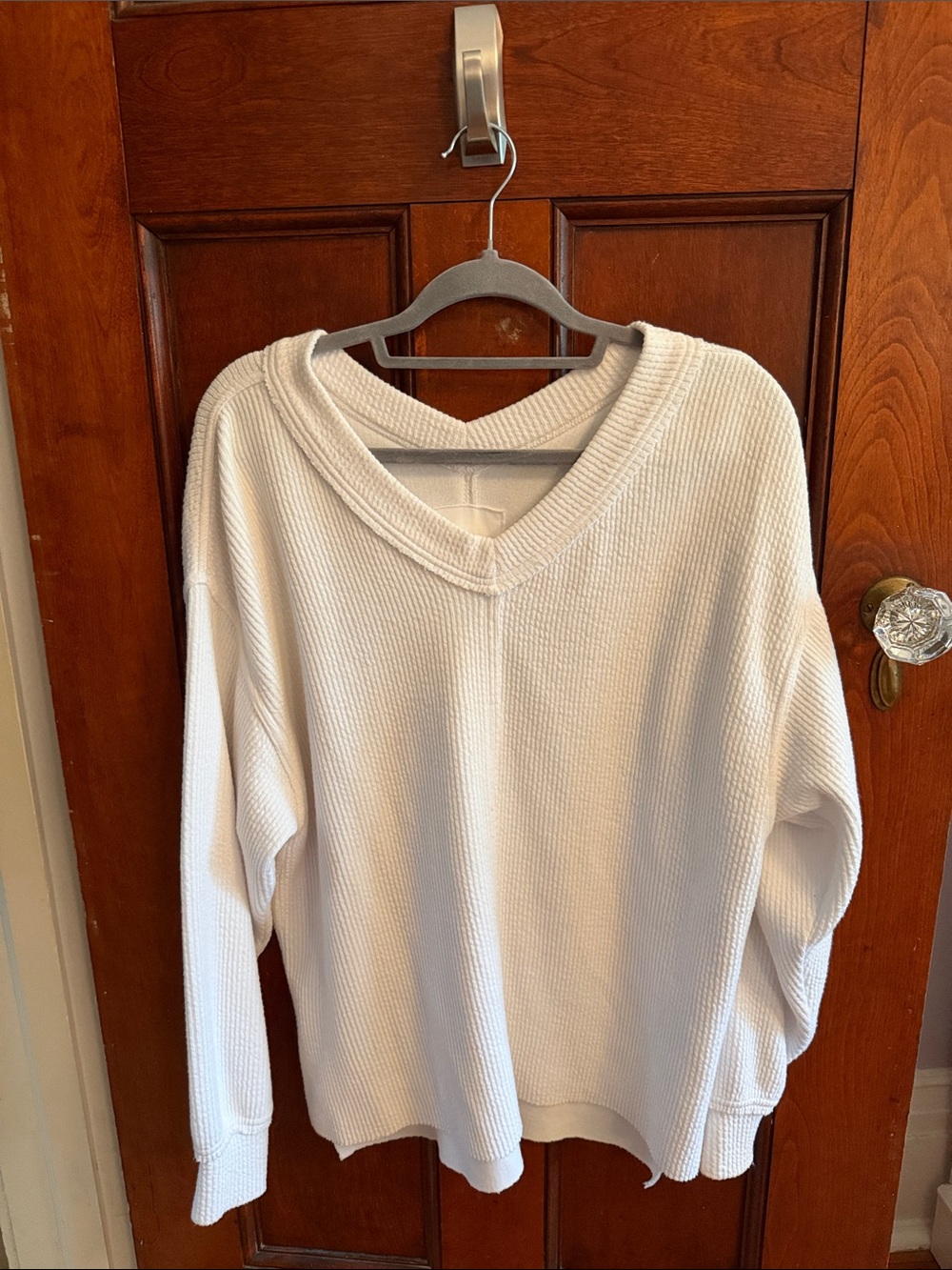 Aerie White Waffle Knit V-Neck Sweatshirt